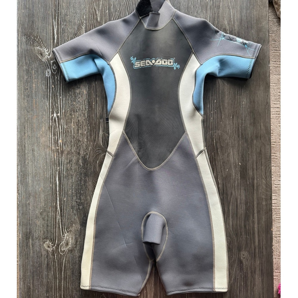 Sea-Doo Wetsuit Women Size 7/8 Grey Blue Good Shorty 4-Way Flex Back Zip Surf